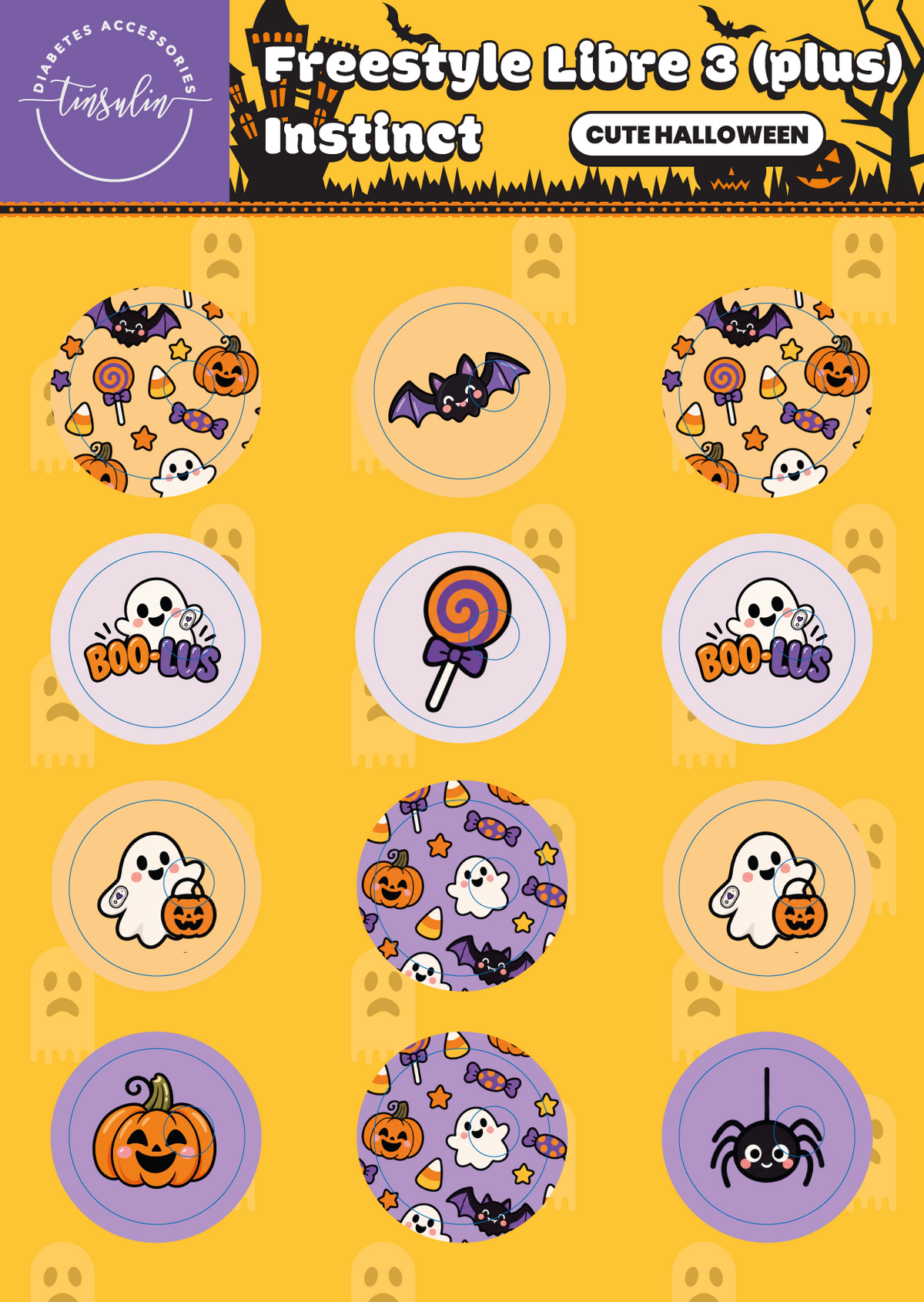 Sensor stickers Freestyle Libre 3 / 3 Plus / Instinct – Cute Halloween (12 stickers)