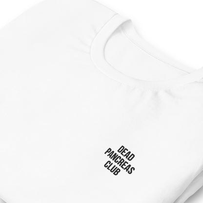 white unisex t-shirt 'dead pancreas club'