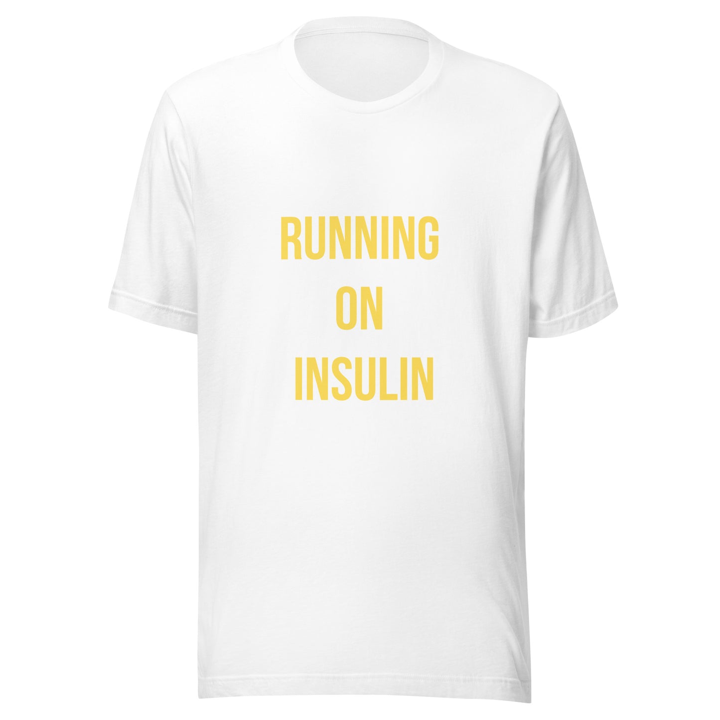 witte unisex t-shirt 'running on insulin'