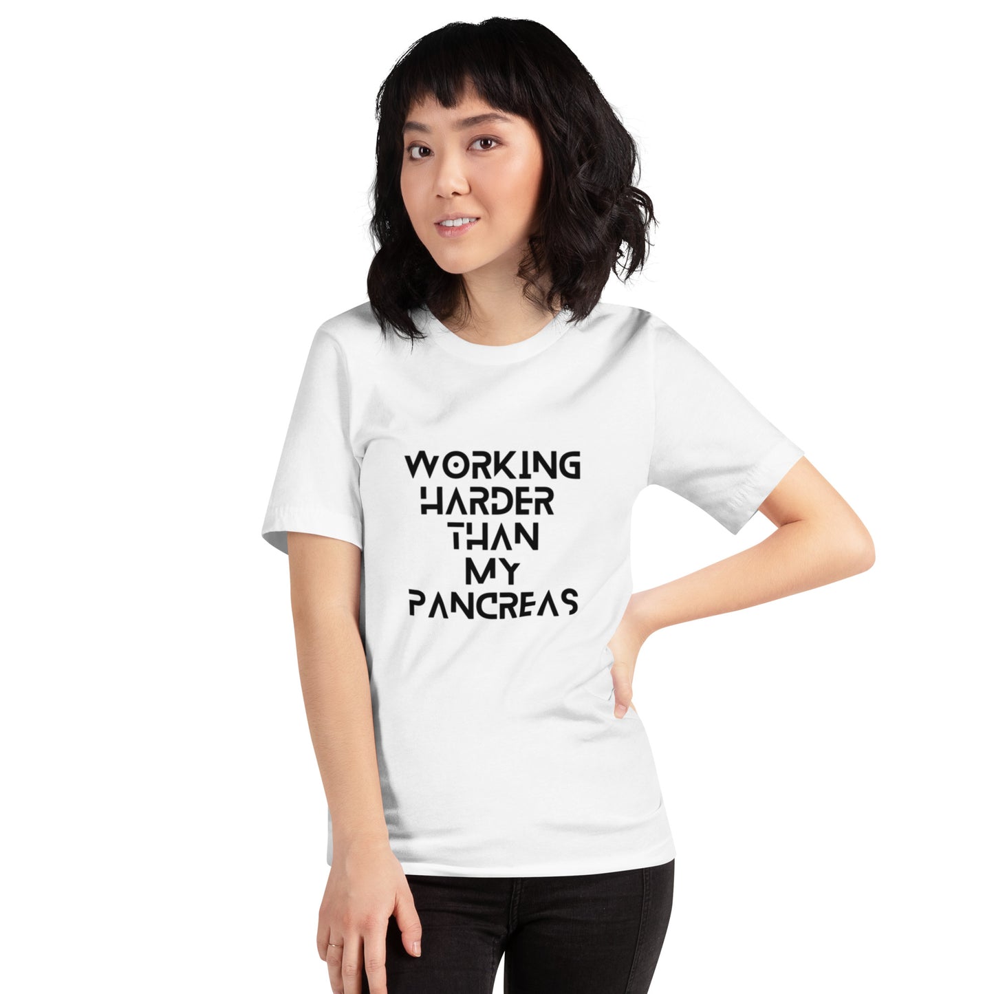 witte unisex t-shirt 'working harder than my pancreas'