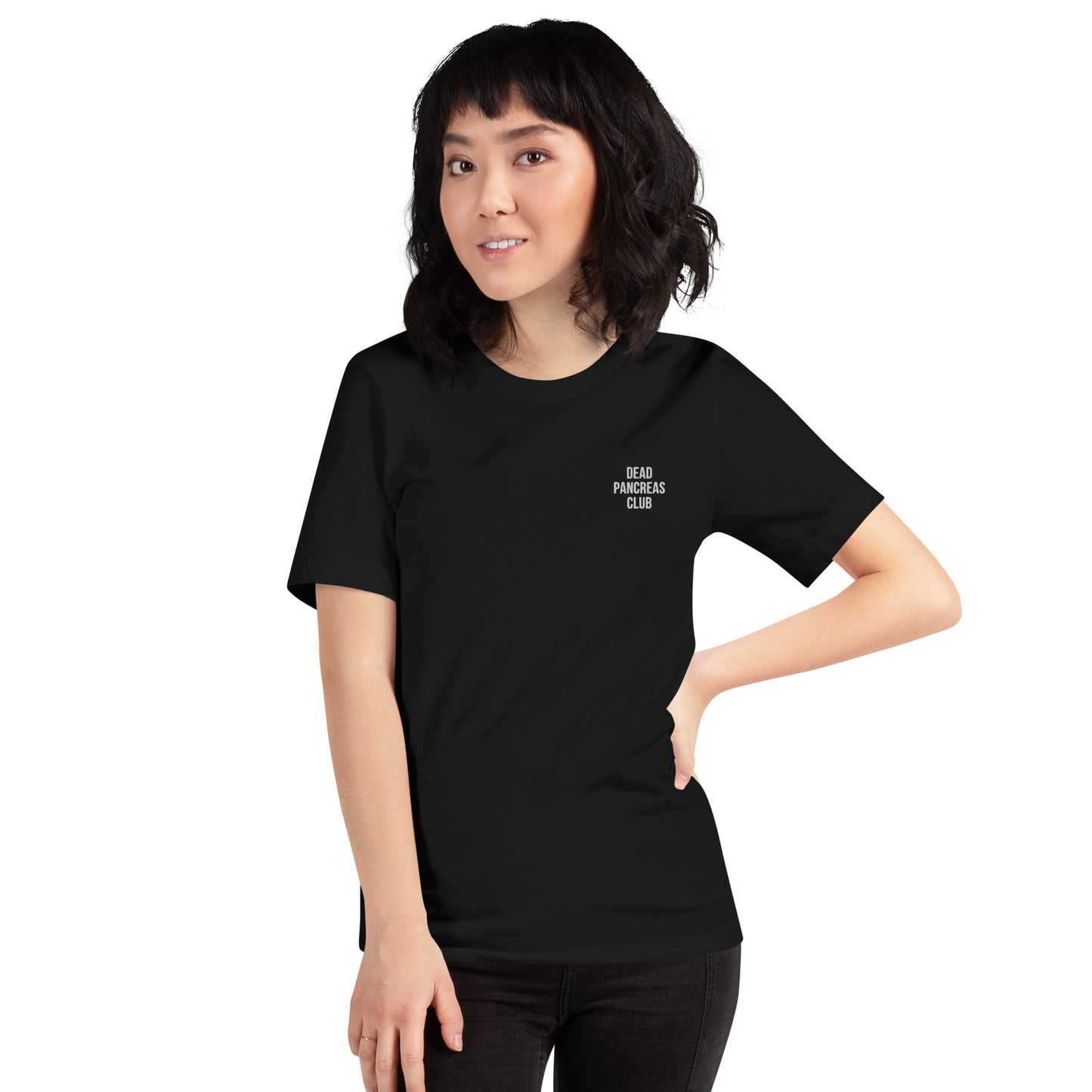 zwarte unisex t-shirt 'dead pancreas club'