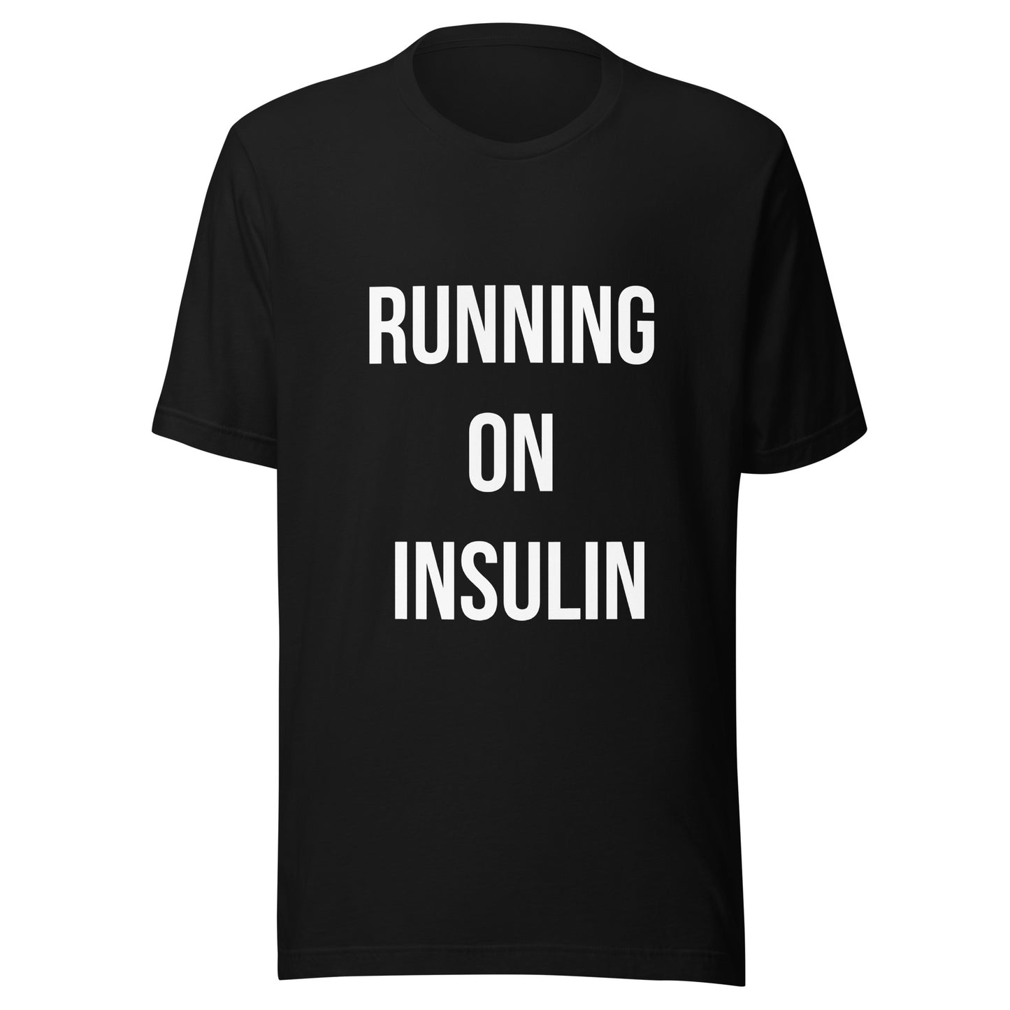 zwarte unisex t-shirt 'running on insulin'