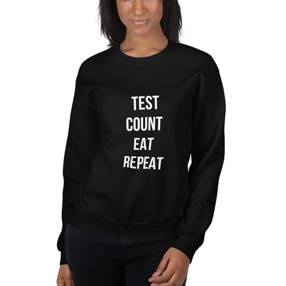 black unisex sweater 'test count eat repeat'