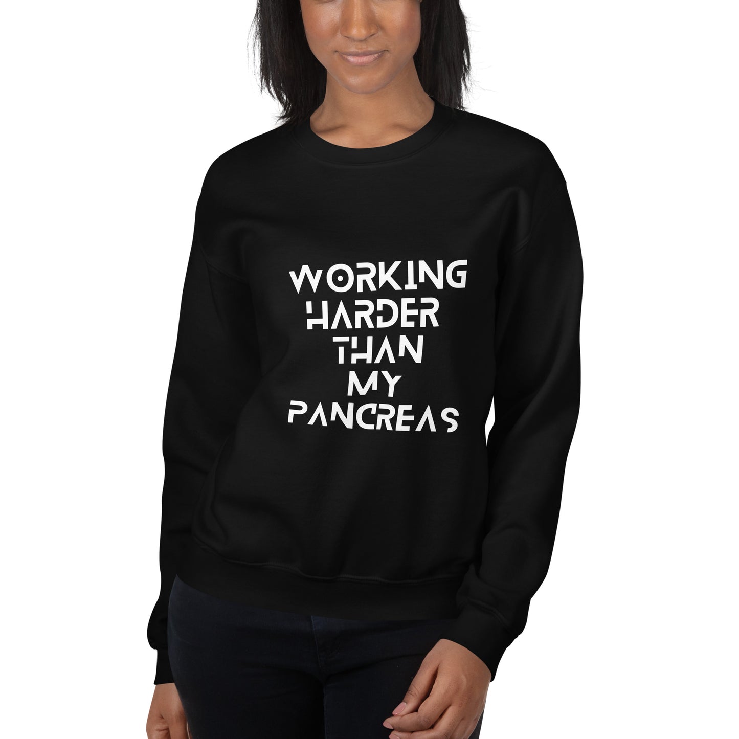 zwarte unisex trui 'working harder than my pancreas'